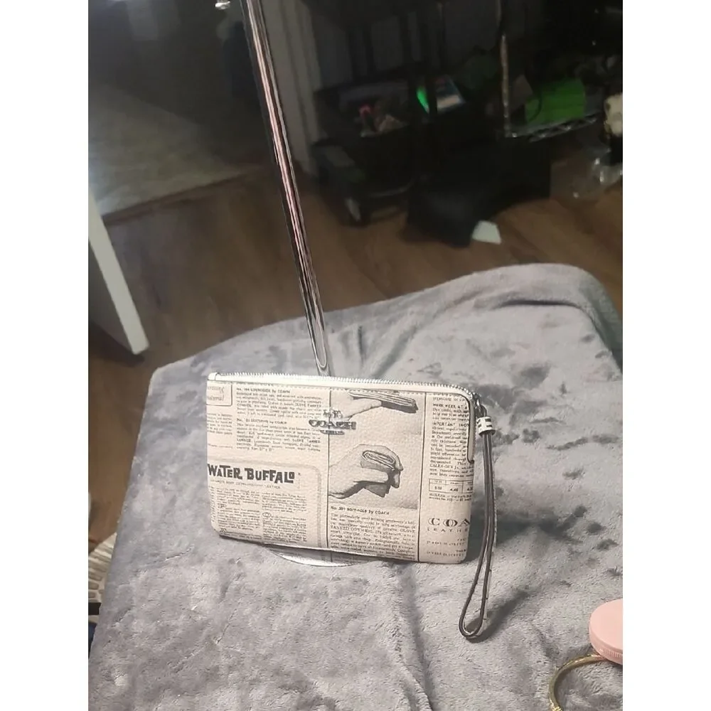 Coach Beige Newspaper Print Zip Wristlet